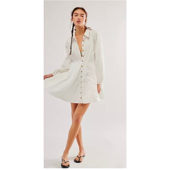 Free people Women's Dress M Marvelous Mia Mini Long Sleeve Button Pockets (New) - Picture 1 of 7